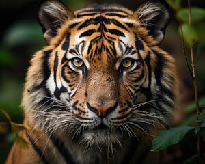 A tiger's face with a blurry background in close-up. (Generative AI)