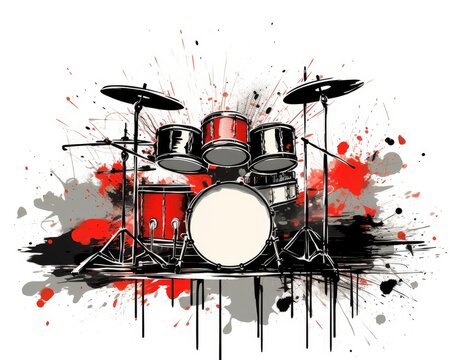 There's a paint-splattered drum set and a black one with a red spot on a white background. (Generative AI)