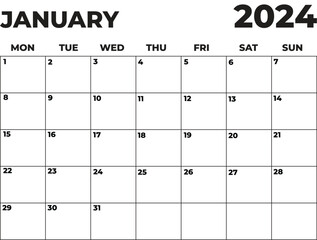 January 2024 Black and White Monday Start Landscaped Monthly Planner, Monday Start Calendar 2024