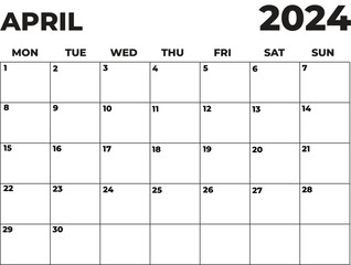 April 2024 Black and White Monday Start Landscaped Monthly Planner, Monday Start Calendar 2024