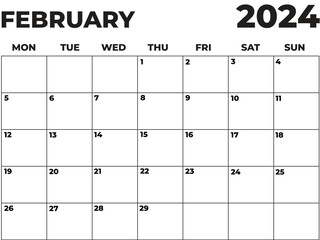 February 2024 Black and White Monday Start Landscaped Monthly Planner, Monday Start Calendar 2024