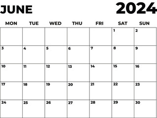June 2024 Black and White Monday Start Landscaped Monthly Planner, Monday Start Calendar 2024