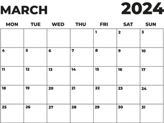 March 2024 Black and White Monday Start Landscaped Monthly Planner, Monday Start Calendar 2024