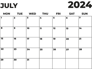 July 2024 Black and White Monday Start Landscaped Monthly Planner, Monday Start Calendar 2024