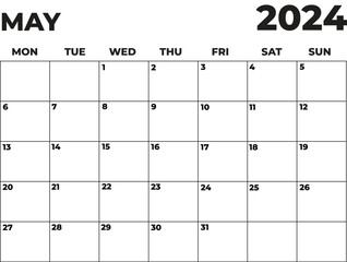 May 2024 Black and White Monday Start Landscaped Monthly Planner, Monday Start Calendar 2024
