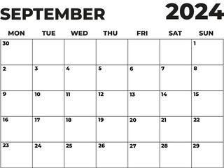 September 2024 Black and White Monday Start Landscaped Monthly Planner, Monday Start Calendar 2024
