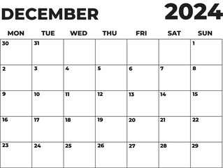 December 2024 Black and White Monday Start Landscaped Monthly Planner, Monday Start Calendar 2024