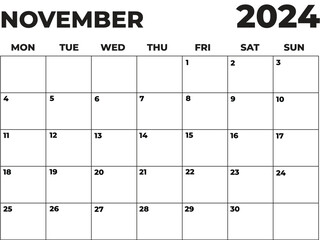 November 2024 Black and White Monday Start Landscaped Monthly Planner, Monday Start Calendar 2024