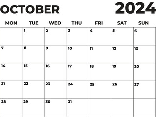 October 2024 Black and White Monday Start Landscaped Monthly Planner, Monday Start Calendar 2024