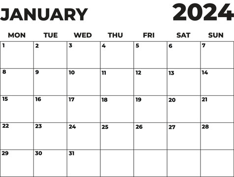 January 2024 Black And White Monday Start Landscaped Monthly Planner, Monday Start Calendar 2024