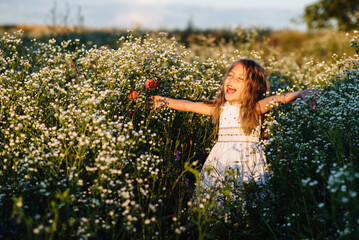 A cute little girl is playing on a sunny summer day in a blooming meadow. A cheerful child in a white dress poses at sunset. The child is having fun in nature.