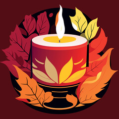 burning candle with autumn leaves