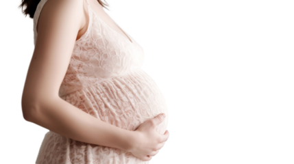 Transparent pregnant woman in dress holds hands on belly on a white background. Pregnancy, maternity, preparation and expectation concept. Beautiful tender mood photo of pregnancy.