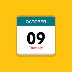 thursday 09 october icon with yellow background, calender icon