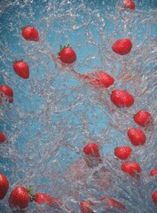 Strawberries in water splash on blue background. ai generated images.