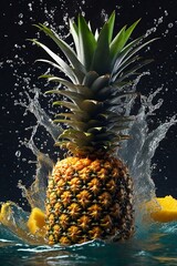 Pineapple in water with splash on black background. Tropical fruit. ai generated images.