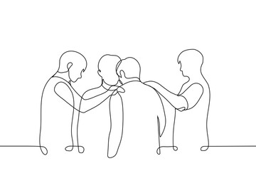 men put their hands on shoulder, stroking, comforting sad man with bowed head - one line art vector.  concept to comfort, male skinship in friendship, community support, male friendship, brotherhood - obrazy, fototapety, plakaty