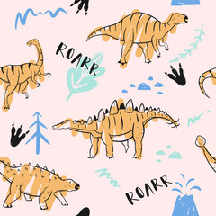 childish dinosaur seamless pattern for fashion clothes, fabric, t shirts. hand drawn vector with lettering.