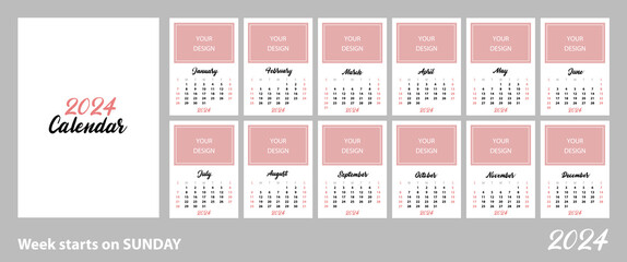 Calendar template for 2024. Vertical layout for your design. Size A4, A3, A5. Set of 12 months and cover