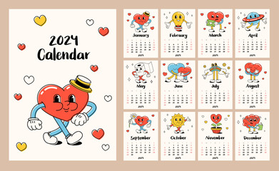 Calendar template for 2024. Vertical cartoon layout. Retro hearts and characters.  A set of 12 months and a cover. Size A4, A3, A5.