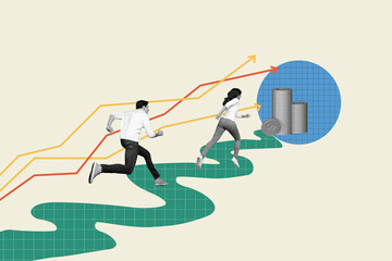 Photo collage business people competition run way to success together promotion stack coins growing salary isolated over drawn background