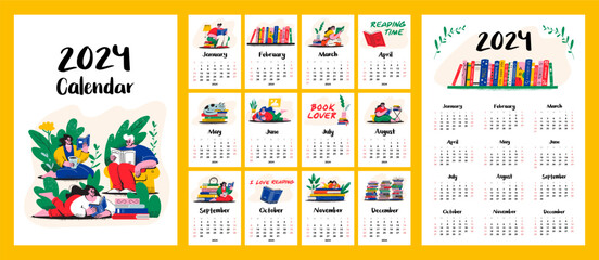 Calendar template for 2024. Vertical layout A4, A3, A5. People reading in the library, students. Set of 12 months and cover