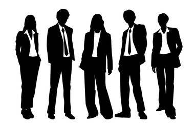 Vector silhouettes of  men and a women, a group of standing   business people, profile, black  color isolated on white background
