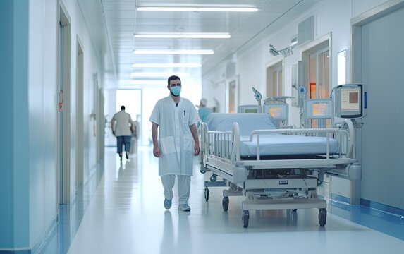 Doctor or nurse walks along the corridor of the hospital with hospital bed, generative ai
