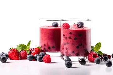 Delicious pink berry smoothie on white background