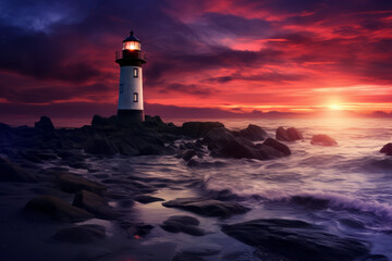 Fototapeta premium Beautiful lighthouse adorned night time seascape with a gloomy sky at sunset