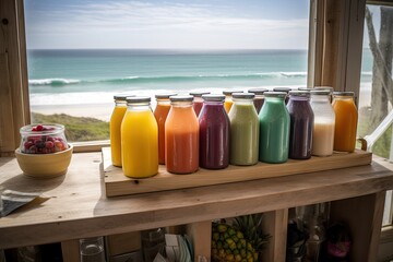 Organic smoothies on a counter overlooking the sea