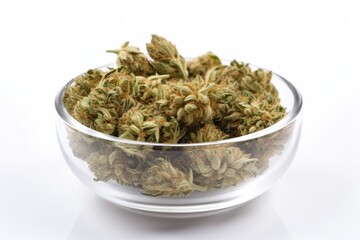 Fototapeta na wymiar Medical cannabis in a glass plate on a white background