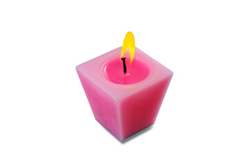 Obraz na płótnie Canvas One rectangular pink burning candle on transparent background.