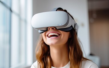 Young blond woman wearing vr headset and having fun, happy expression, generative ai