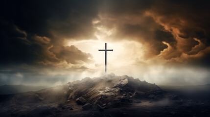 cross of Jesus with on cloudy mountain top, in the style of detailed fantasy art, cross in the clouds with the sun shining on it.
