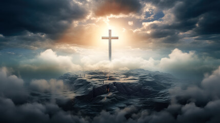 Naklejka premium cross of Jesus with on cloudy mountain top, in the style of detailed fantasy art, cross in the clouds with the sun shining on it.