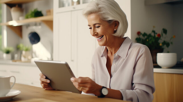 senior woman sitting in the kitchen and communicating on her tablet computer