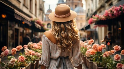 Beautiful fashionable girl will walk through charming and picturesque streets with an exciting atmosphere. Generative AI