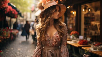 Beautiful fashionable girl will walk through charming and picturesque streets with an exciting atmosphere. Generative AI