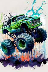 Painting of Monster Truck in watercolor style