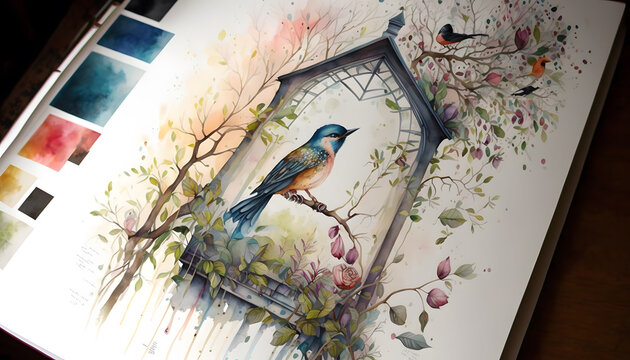 Watercolor painting of birds in nature