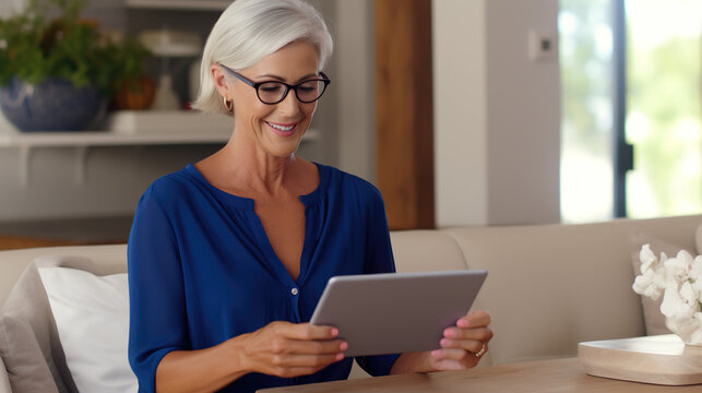 senior woman using tablet computer at home