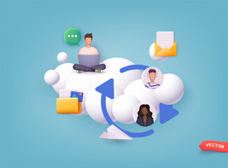 Connected people as social community networking worldwide. Cooperation and teamwork using internet connection. 3D Web Vector Illustrations.