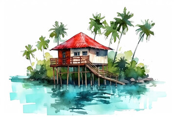 Watercolor bungalow at the seaside with palm trees, vacation illustration