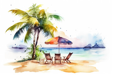 Fototapeta premium Watercolor sun loungers with umbrella on the beach illustration