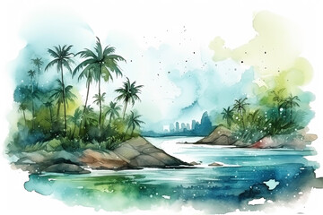 Fototapeta na wymiar Watercolor tropical island illustration