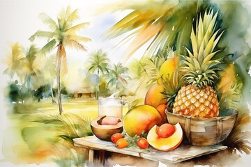 watercolor tropical fruits on the palms background. Vacation illustration