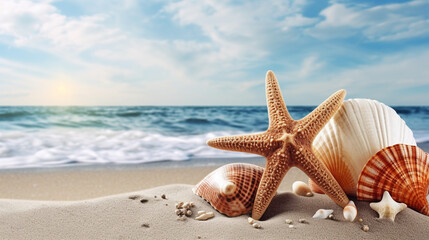 Beautiful sandy beach with starfish and shells for poster, banner