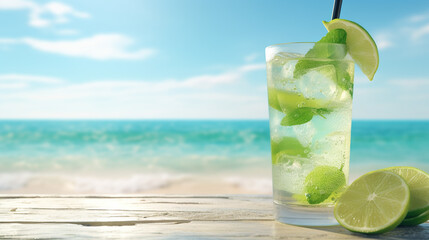photo of glass of mojito cocktail on table in summer