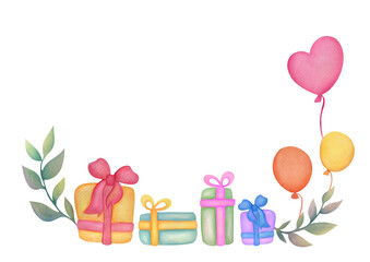 Template with copy space for horizontal greeting cards, invitations. Watercolor hand drawn frame, border with Gift boxes, copy space for happy birthday party card, surprise for baby birth